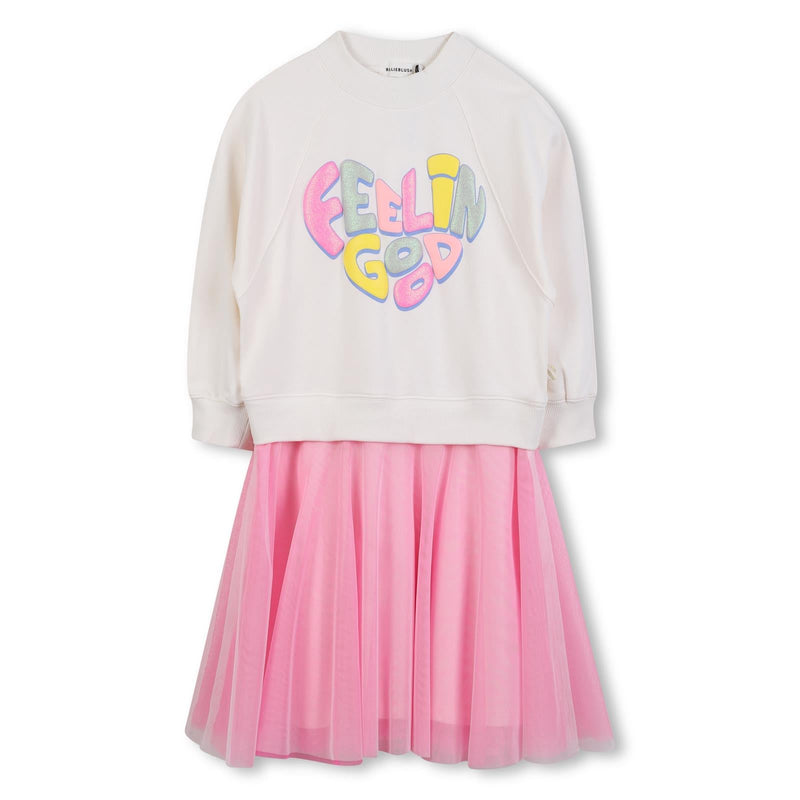 Girls Cream & Pink Dress With "Feelin Good" Print