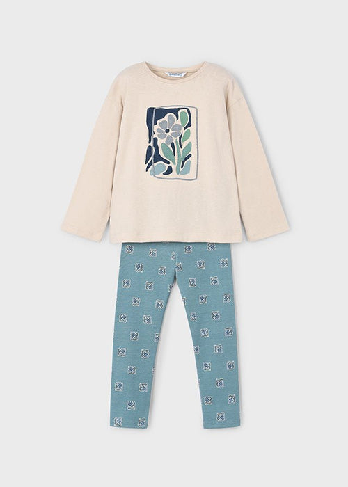 Girls Cream & Teal Floral Print Leggings Set