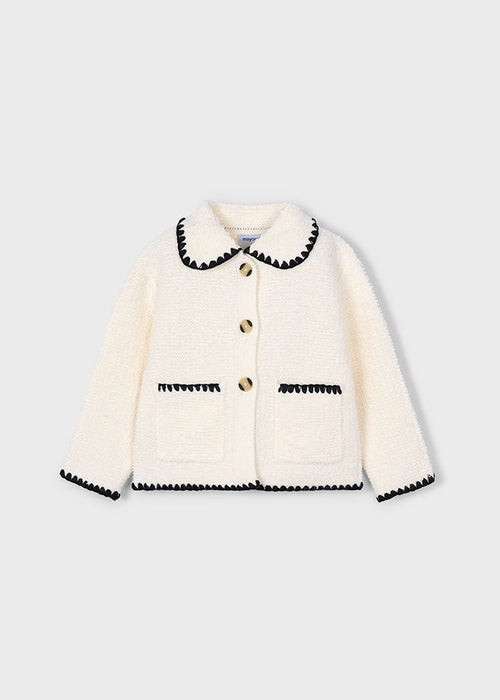 Girls Cream Textured Jacket with Contrast Trim