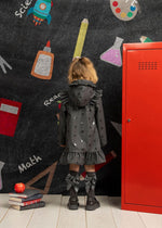 Girls Dark Grey Heart Print Raincoat with Ruffle Trim
