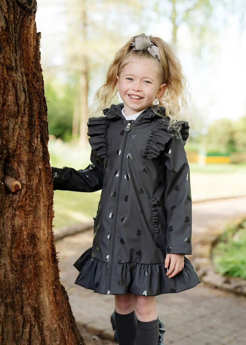 Girls Dark Grey Heart Print Raincoat with Ruffle Trim