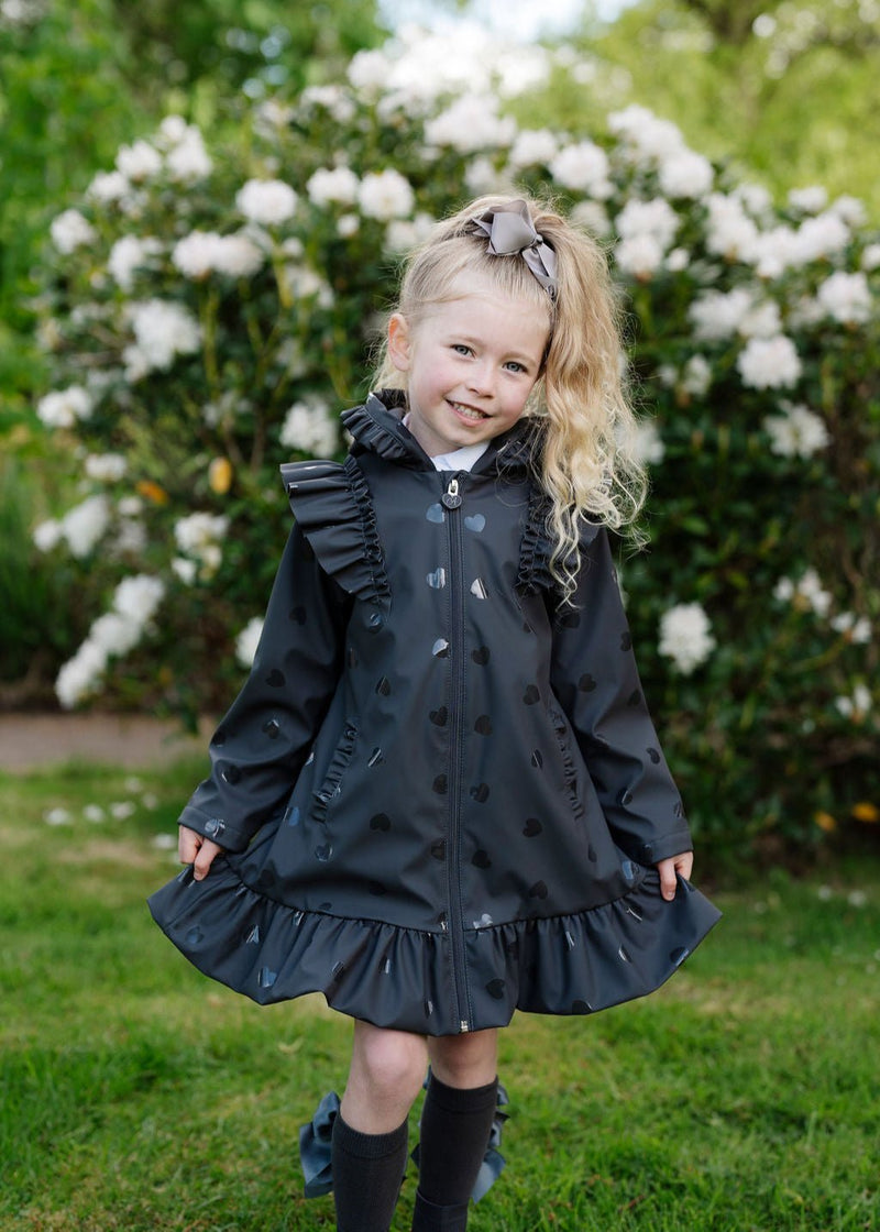 Girls Dark Grey Heart Print Raincoat with Ruffle Trim