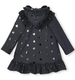 Girls Dark Grey Heart Print Raincoat with Ruffle Trim