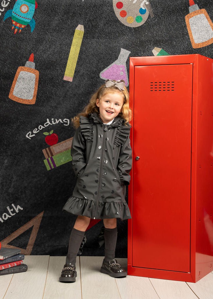 Girls Dark Grey Heart Print Raincoat with Ruffle Trim