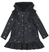 Girls Dark Grey Heart Print Raincoat with Ruffle Trim