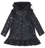 Girls Dark Grey Heart Print Raincoat with Ruffle Trim