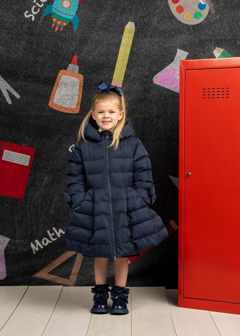 Girls Dark Navy Long Puffer Jacket with Bows