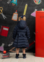 Girls Dark Navy Long Puffer Jacket with Bows