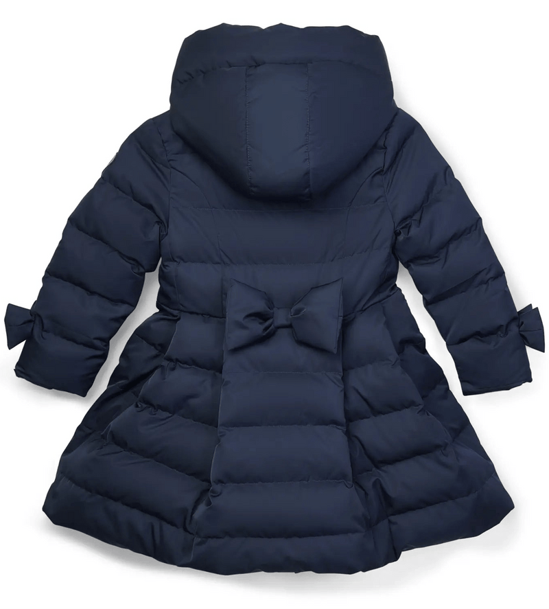 Girls Dark Navy Long Puffer Jacket with Bows