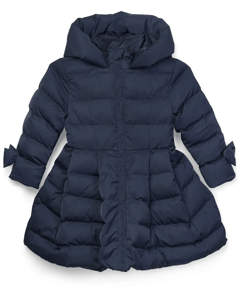 Girls Dark Navy Long Puffer Jacket with Bows