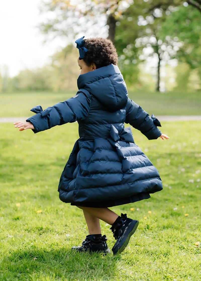 Girls Dark Navy Long Puffer Jacket with Bows