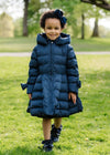 Girls Dark Navy Long Puffer Jacket with Bows