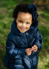 Girls Dark Navy Long Puffer Jacket with Bows
