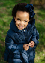 Girls Dark Navy Long Puffer Jacket with Bows