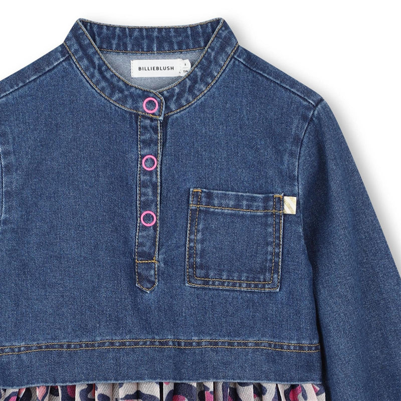 Girls Denim & Mesh Dress With Leopard Heart Print