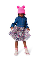 Girls Denim & Mesh Dress With Leopard Heart Print