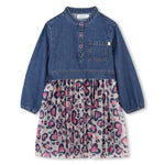 Girls Denim & Mesh Dress With Leopard Heart Print