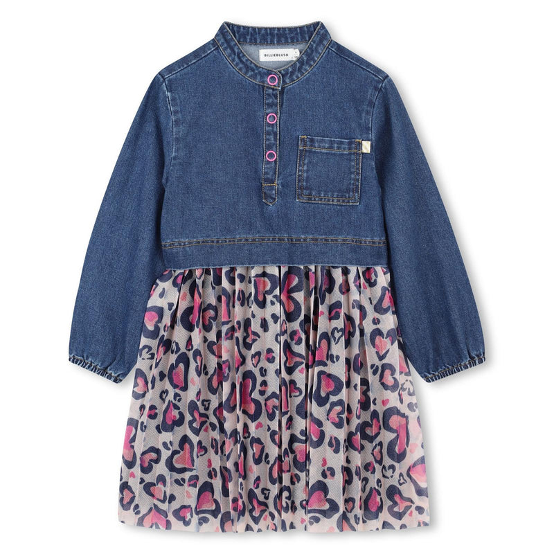 Girls Denim & Mesh Dress With Leopard Heart Print