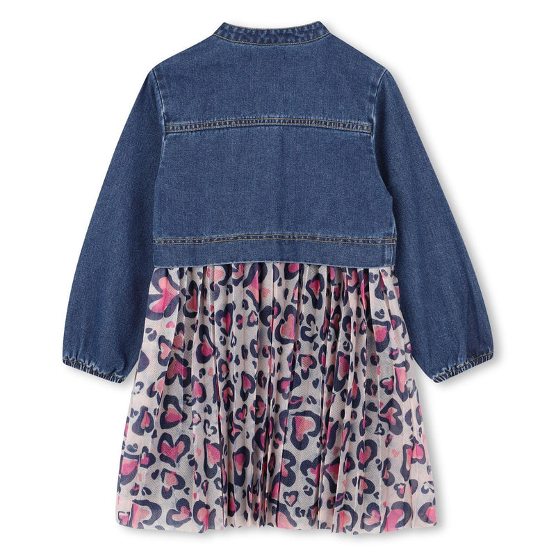 Girls Denim & Mesh Dress With Leopard Heart Print
