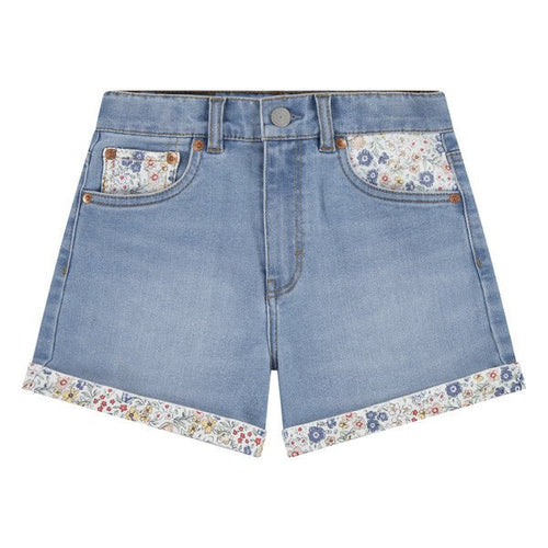 Girls Denim Mom Shorts With Floral Print Trim