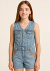 Girls Denim Vest Romper With Embroidered Details