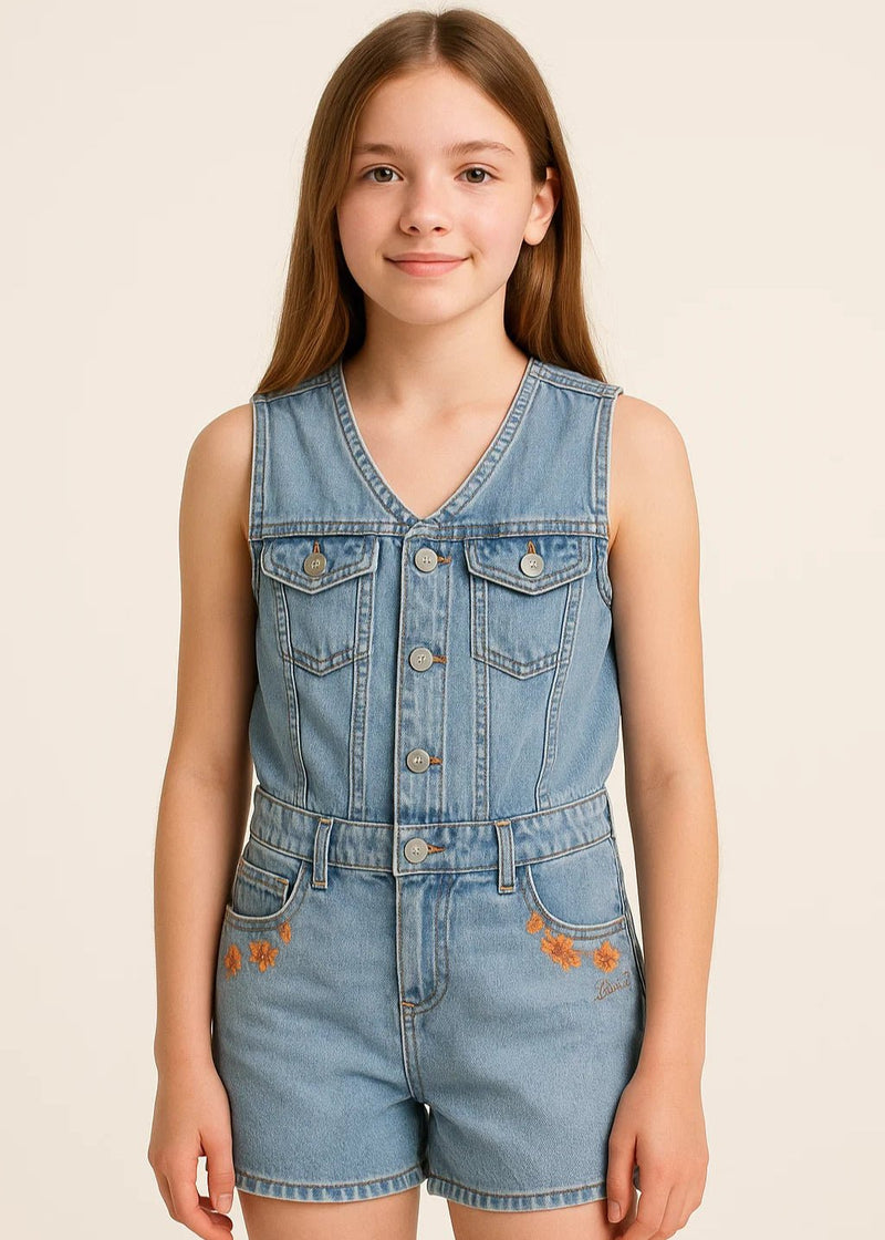 Girls Denim Vest Romper With Embroidered Details