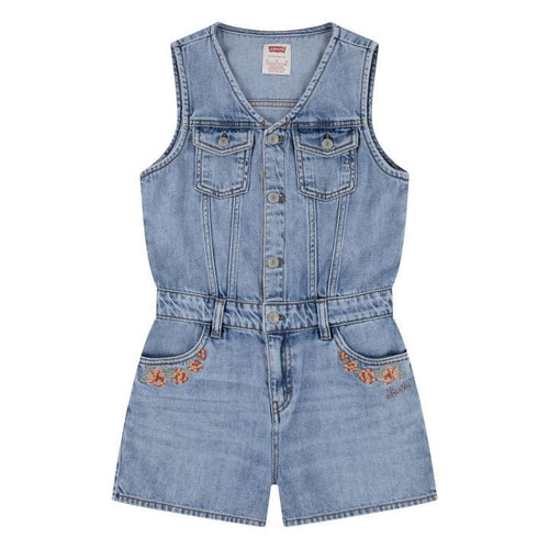 Girls Denim Vest Romper With Embroidered Details