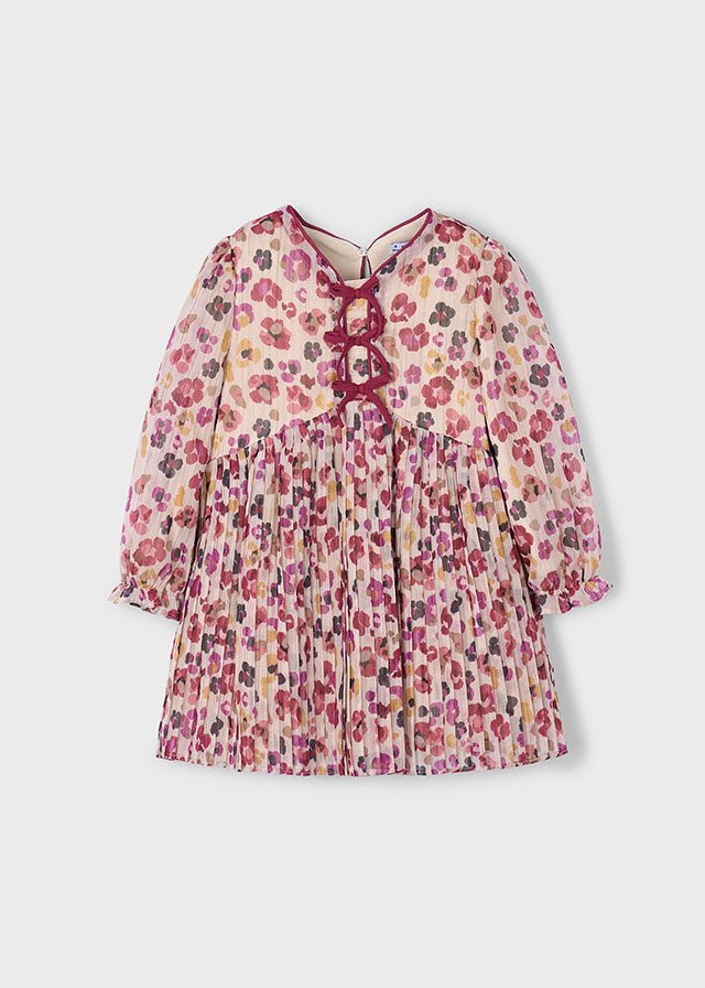 Girls Floral Pleated Dress with Bows and Sheer Overlay