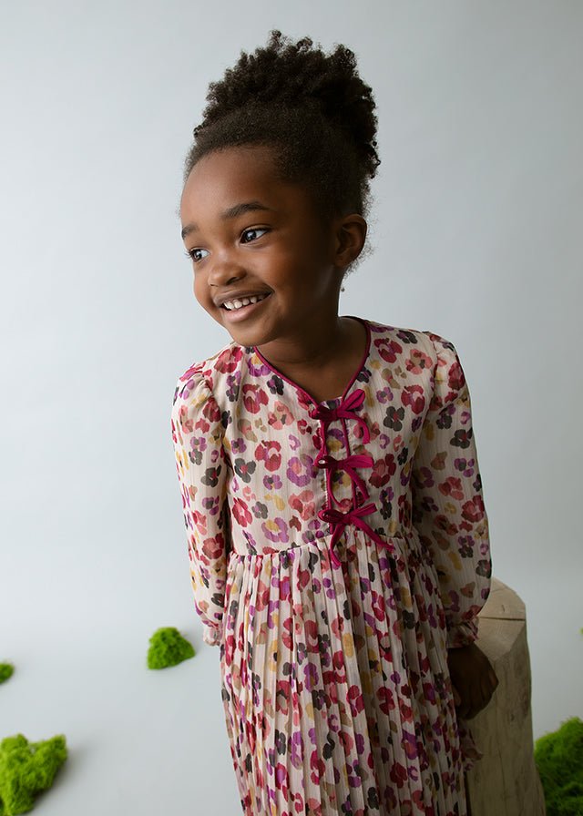 Girls Floral Pleated Dress with Bows and Sheer Overlay