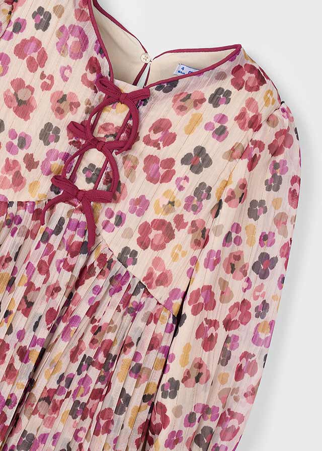 Girls Floral Pleated Dress with Bows and Sheer Overlay