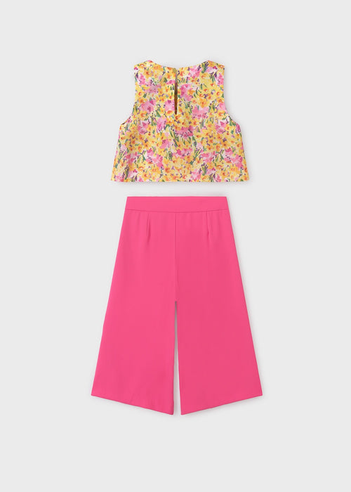 Girls Floral Top & Crepe Pants Set - Fuchsia