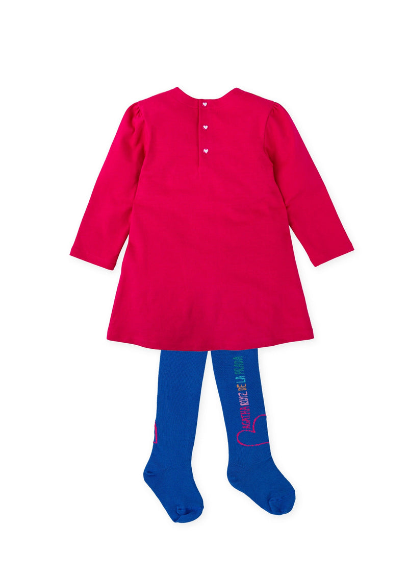 Girls Fuchsia Bow Jersey Dress & Tights Set