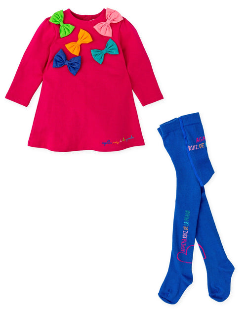 Girls Fuchsia Bow Jersey Dress & Tights Set