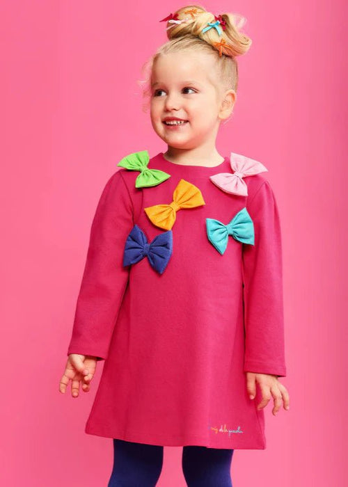 Girls Fuchsia Bow Jersey Dress & Tights Set
