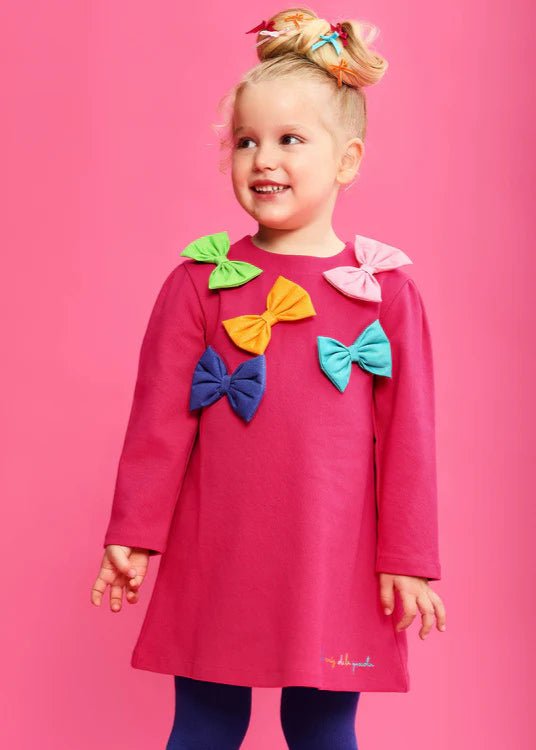 Girls Fuchsia Bow Jersey Dress & Tights Set