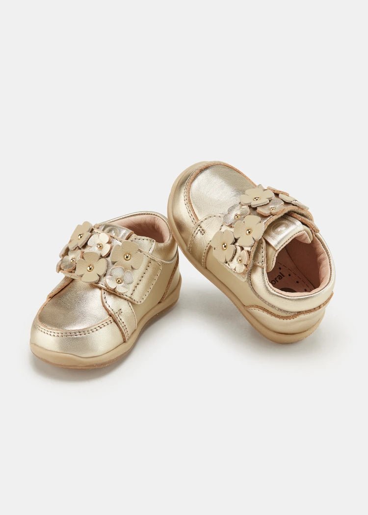 Baby Girl Gold Leather Floral Trainers