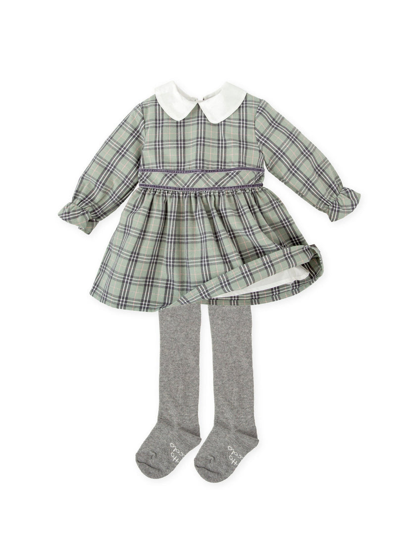 Girls Green Checked Dress & Tights Set