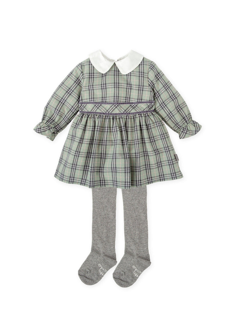 Girls Green Checked Dress & Tights Set