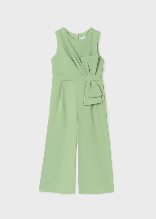 Girls Green Crepe Jumpsuit with Bow