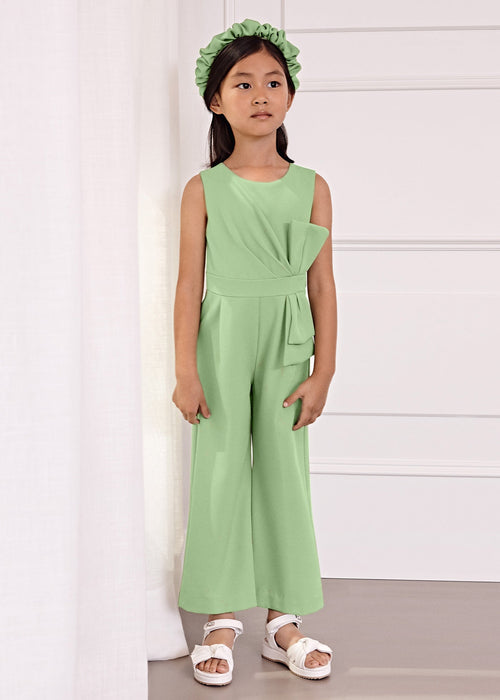 Girls Green Crepe Jumpsuit with Bow