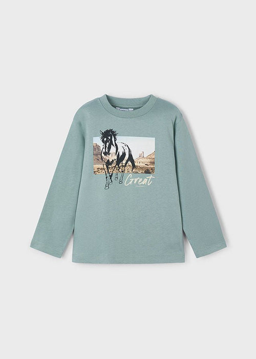 Girls Green Long Sleeve Horse Print T-Shirt