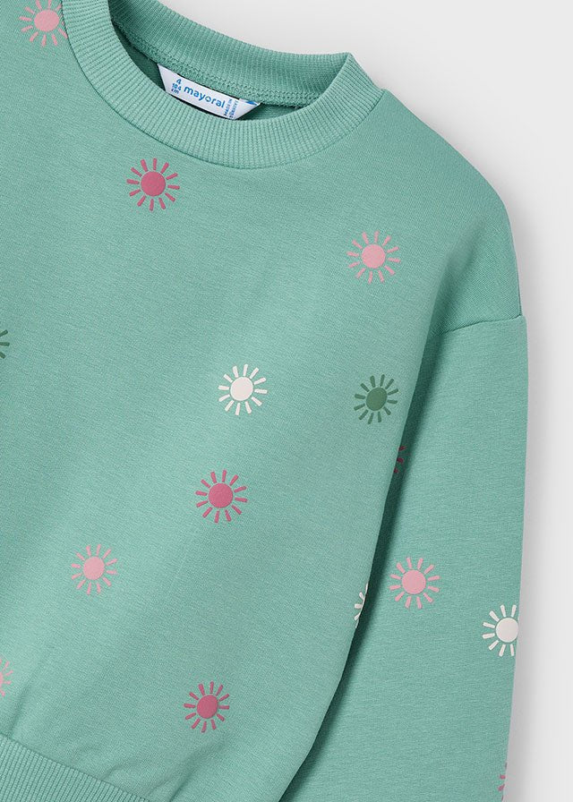 Girls Green Sweatshirt with Colorful Sun Pattern