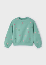 Girls Green Sweatshirt with Colorful Sun Pattern