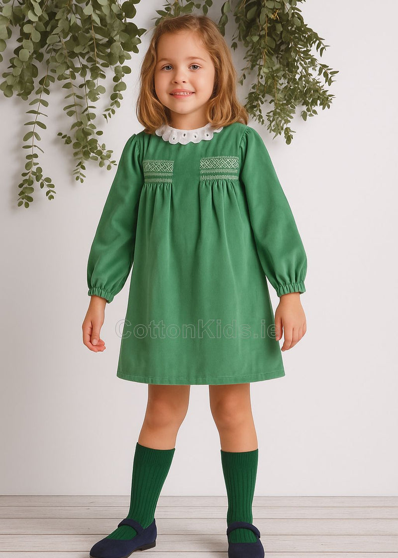 Girls Green Velvet Smocked Dress with Collar