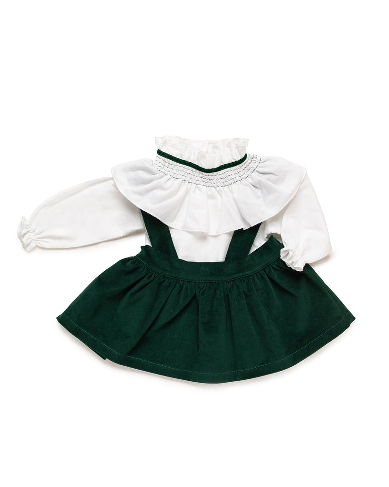 Girls Green Velvet Suspender Skirt & Shirt Set
