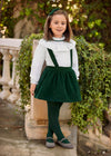 Girls Green Velvet Suspender Skirt & Shirt Set