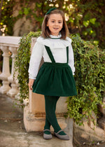 Girls Green Velvet Suspender Skirt & Shirt Set