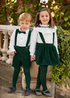 Girls Green Velvet Suspender Skirt & Shirt Set