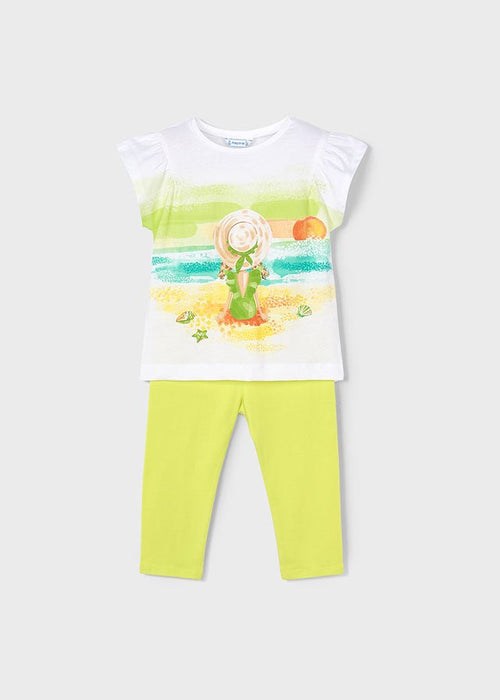 Girls Green & White Beach Print Leggings Set