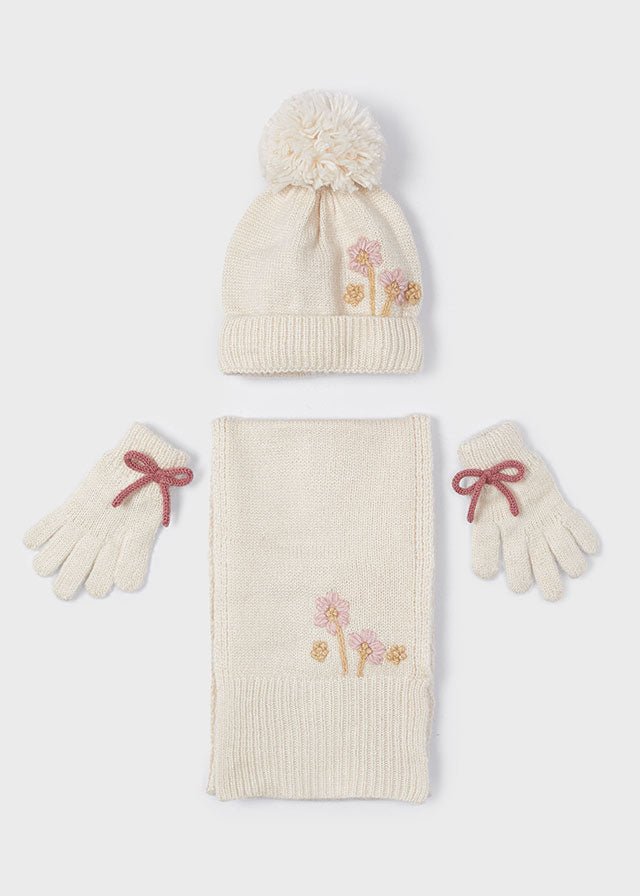 Girls Hat Scarf Gloves Set with Floral Embroidery